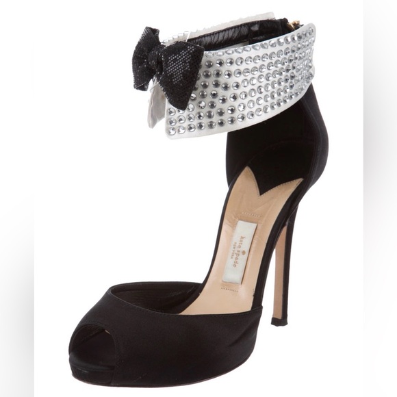 KATE SPADE BLACK TIE TUXEDO D’ORSAY BLACK SATIN RHINESTONE BOW HEELS SIZE 8